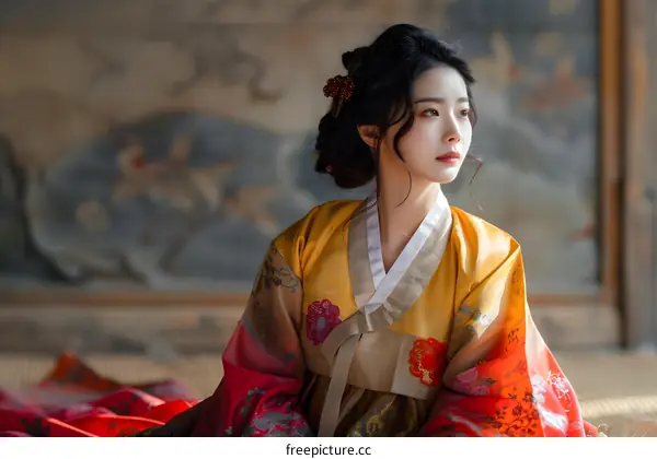 Portrait of a young woman in traditional Korean dress, or Hanbok
