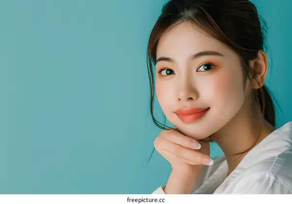 Beautiful Woman with Makeup Smiling Against Blue Background