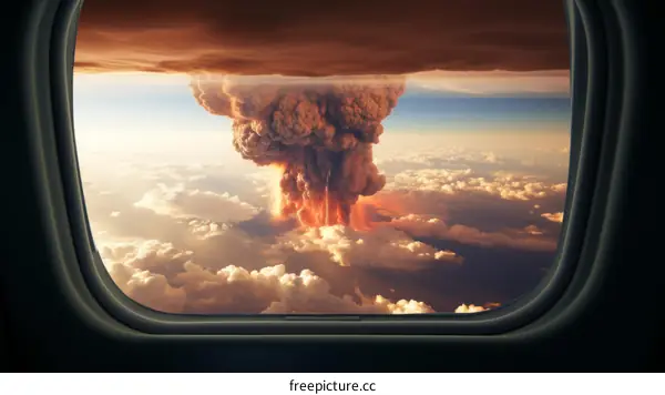 A mushroom cloud from a nuclear explosion as seen from an airplane window