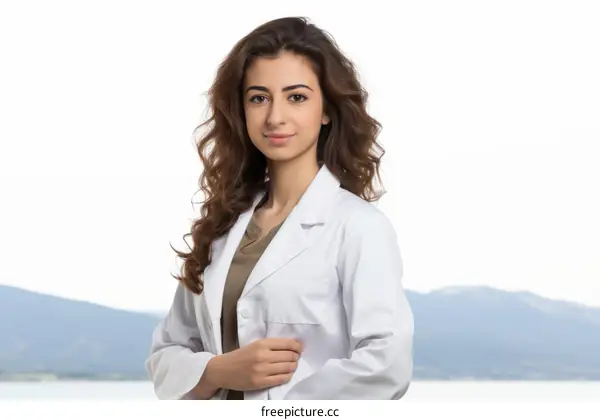 Portrait of a young female doctor in a white coat