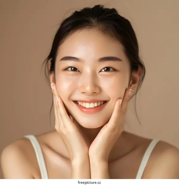 Portrait of Smiling Asian Woman with Hands on Face