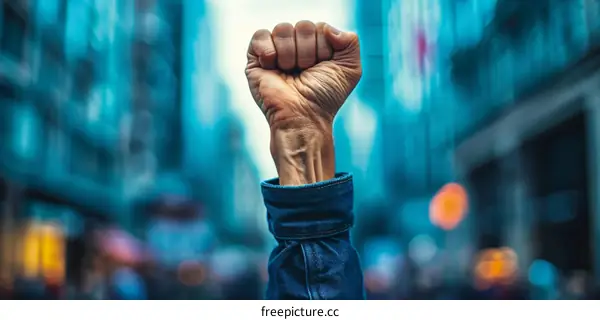 Raised fist in front of blurred background