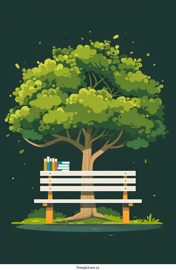 Green Tree with a Bench and Books Illustration