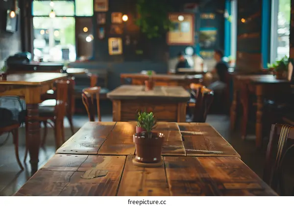 Rustic Wooden Table in a Cafe with Blurred People in Background