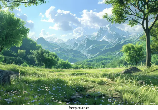 Fantasy Mountain Landscape Painting: Trees, Nature, and Environment