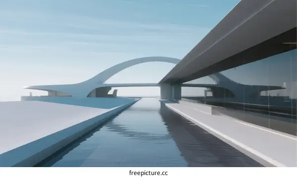 Modern Architectural Design with Sleek White Curves and Reflective Water