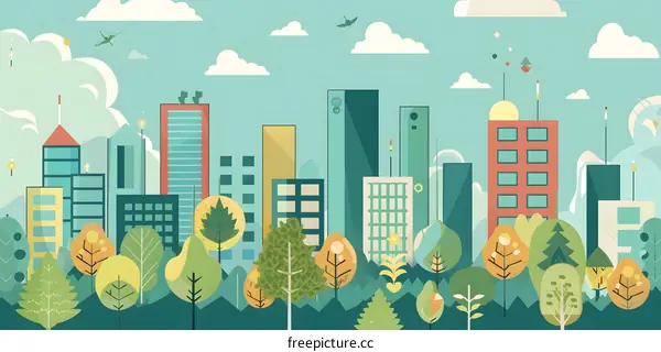 Cityscape with Green Trees and Buildings