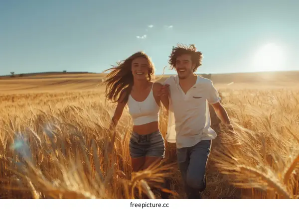Young couple running through a wheat field