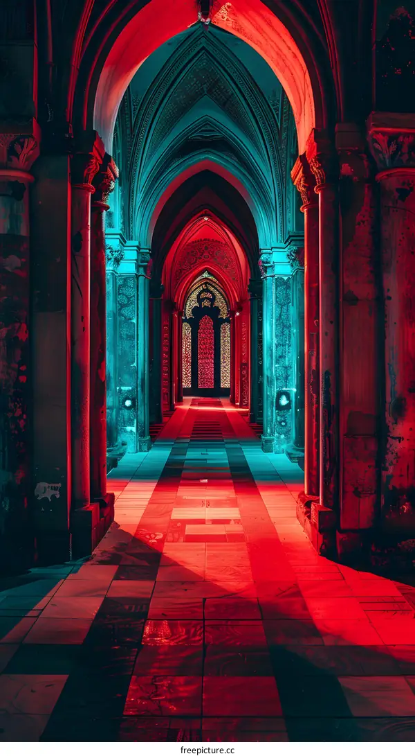 Red and Blue Light Illumination of Arched Hallway
