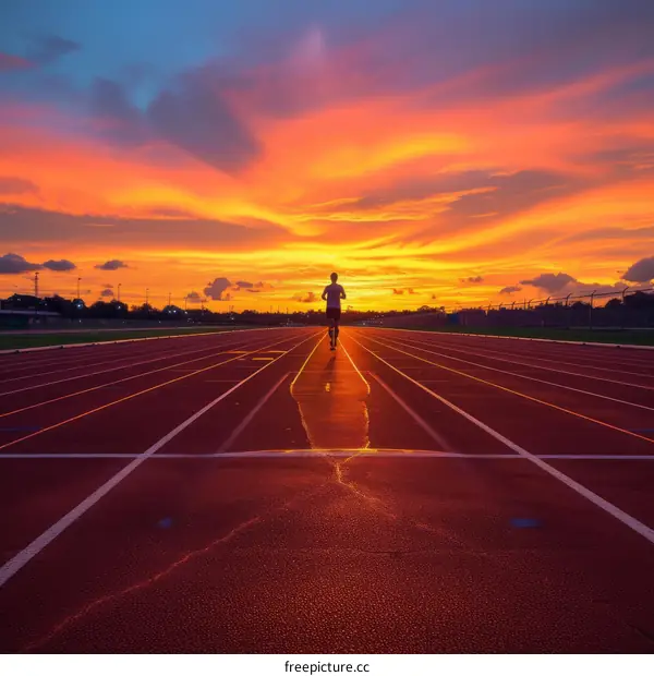 Man running on a track at sunset