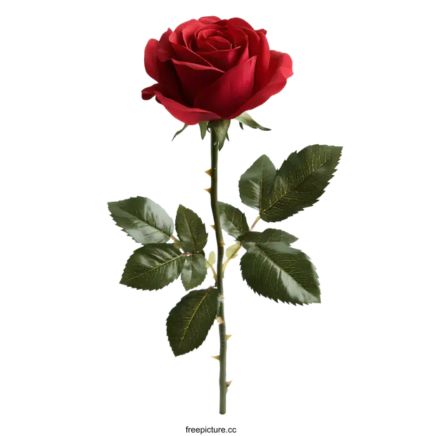 [Transparent Background PNG]Single Red Rose with Stem and Leaves