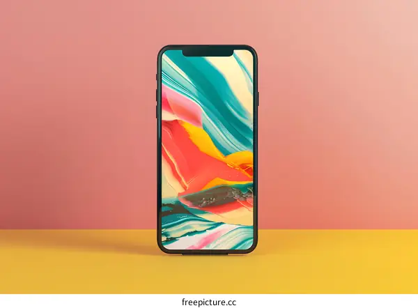 Phone With Abstract Colorful Background On Pink Yellow Background