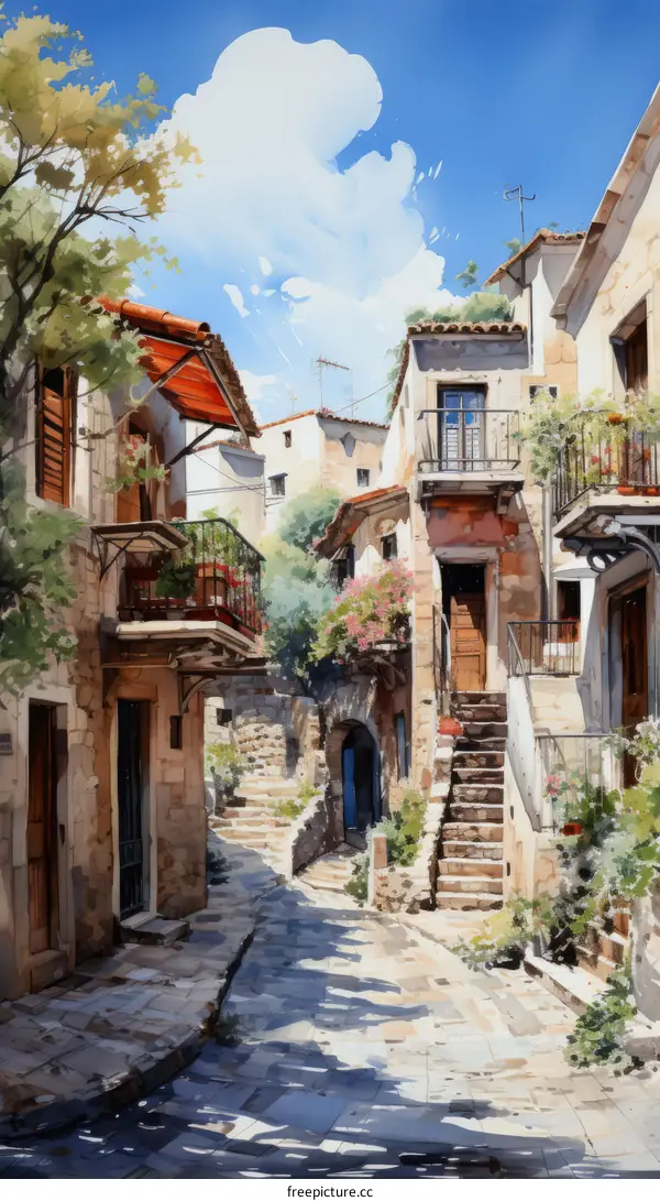 Watercolor Illustration of a Narrow Street in a Mediterranean Village