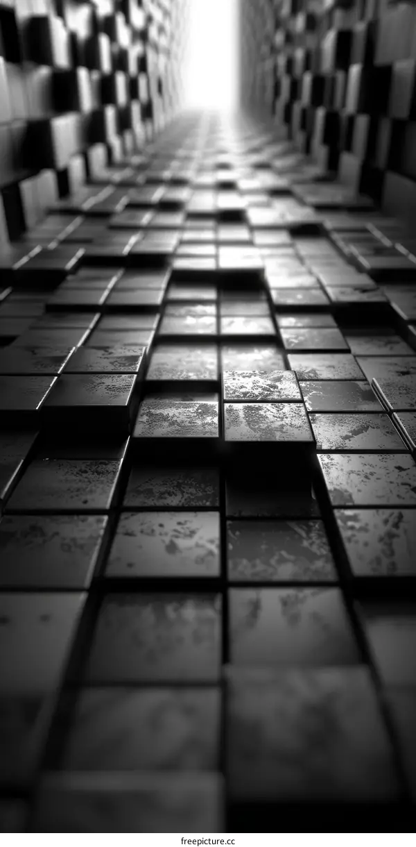 Black and white 3D rendering of a futuristic tunnel