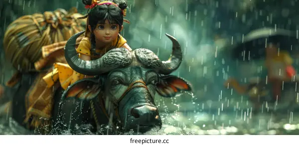 Girl Riding Carabao in the Rain Illustration