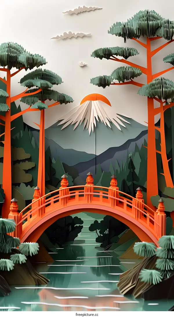 A paper cut illustration of a bridge in a forest with a mountain in the background