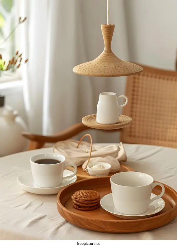 Wooden Tray with Cups of Coffee and Cookies on Table
