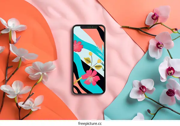 Phone with Flower Pattern on the Screen Lying on Pink and Blue Background