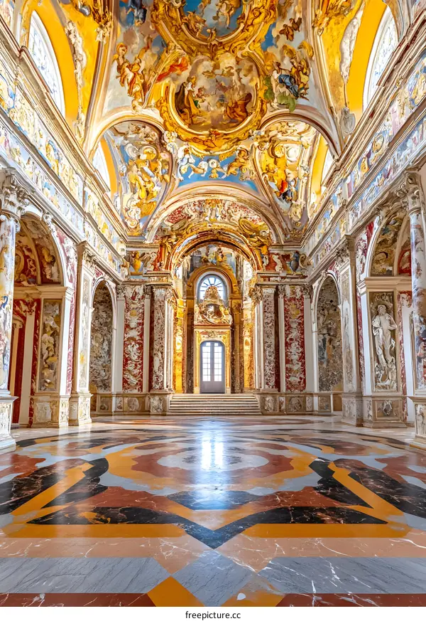 Ornate Ceiling and Floor of a Historic Building