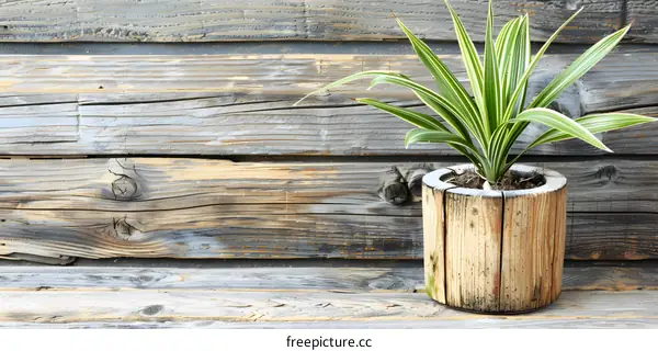 Green Plant in Wooden Pot on Weathered Wooden Background