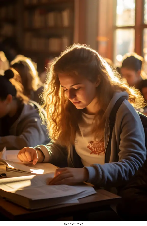 Young woman reading a book in a library