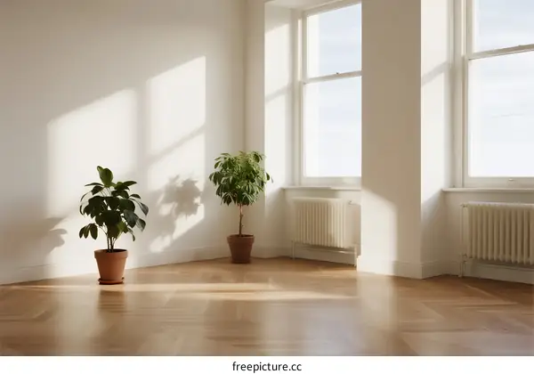 Bright and empty room with two potted plants near windows