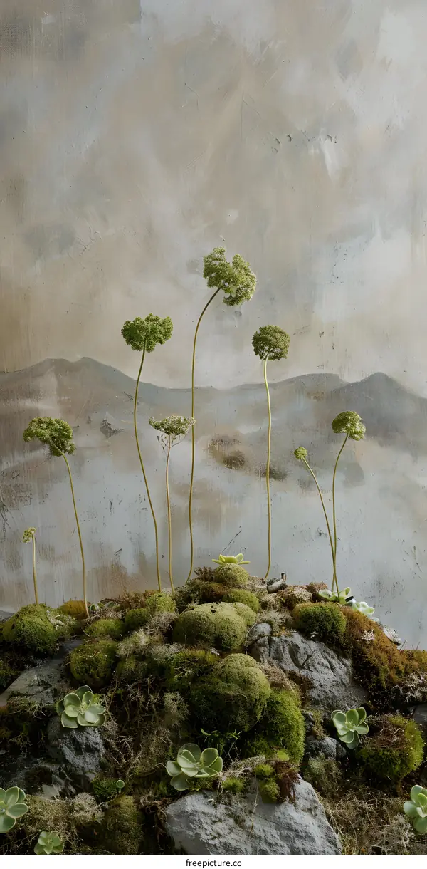 Green Plants and Mossy Rocks on a Landscape Painting Background