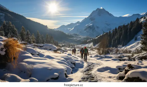 A group of hikers traverse through a snowy mountain landscape