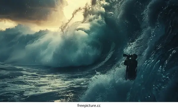 Man standing in front of a huge wave