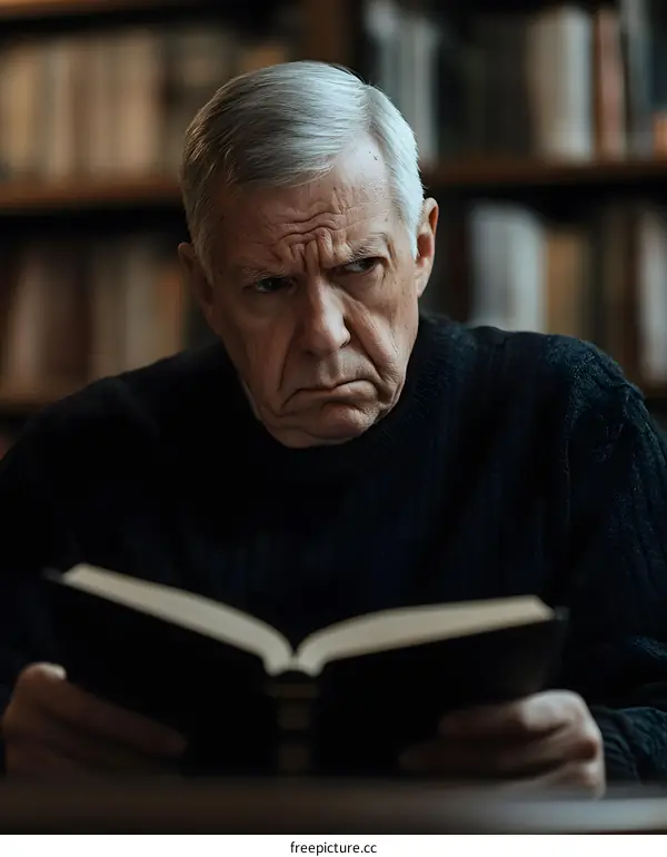 Elderly Man Reading a Book in a Library