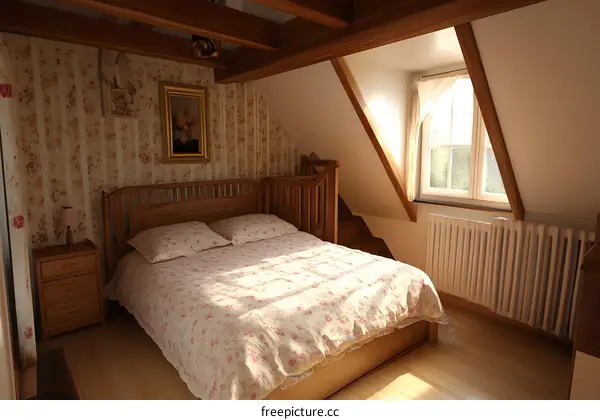 Cozy Bedroom with Floral Wallpaper and Wooden Beams