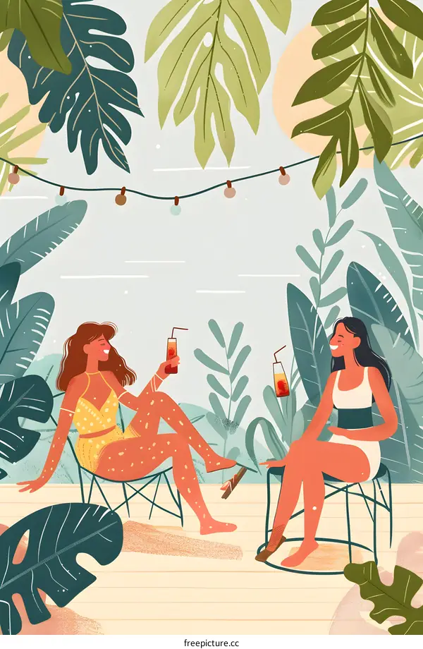 Two Women Relaxing in Tropical Garden with Drinks