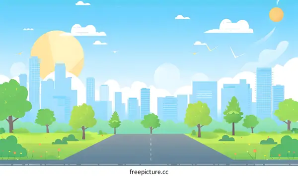 Cityscape with Green Trees and Road