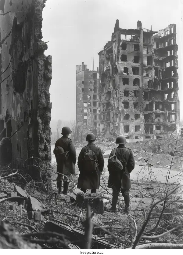 Three soldiers looking at the ruins of a destroyed city
