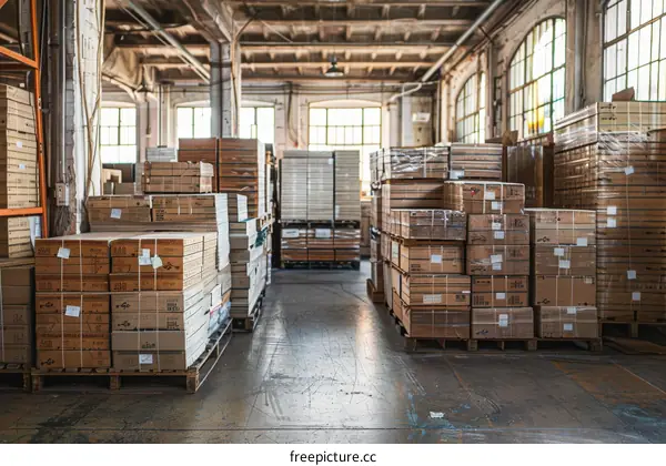 A large warehouse with many boxes stacked up on shelves