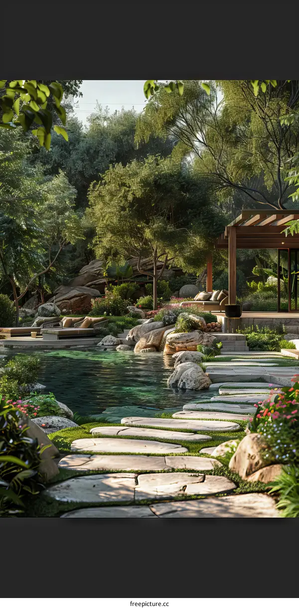 Courtyard with a pool and a garden