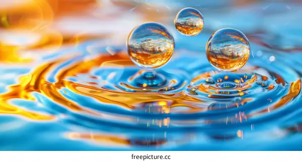 Three water drops on a blue and orange background