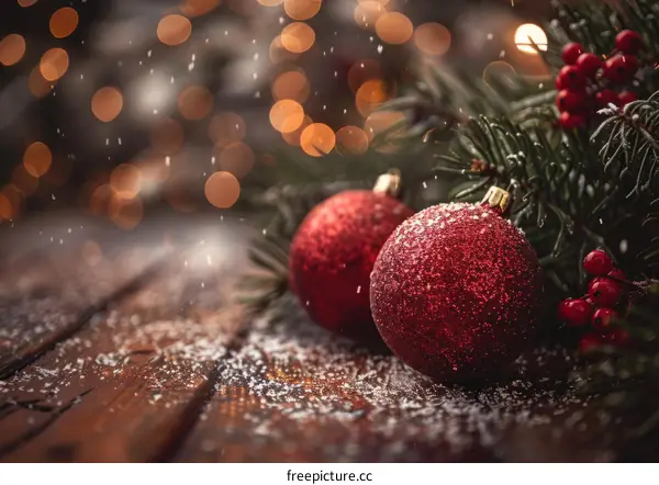 Red Christmas ornaments with snow and pine branches