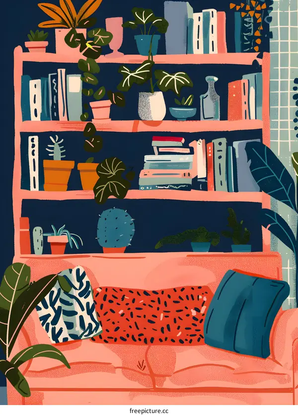 Colorful Illustration of a Cozy Living Room with Bookshelf and Sofa
