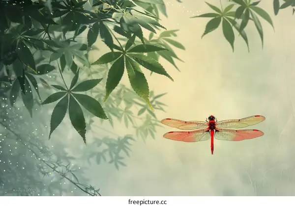 Red Dragonfly on Green Leaves