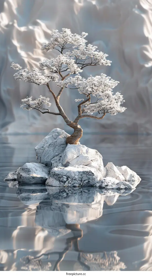 Peaceful Winter Bonsai on a Rocky Island