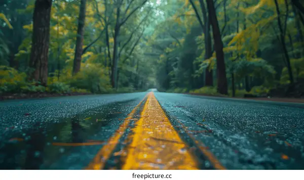 Country road through a lush green forest after rain