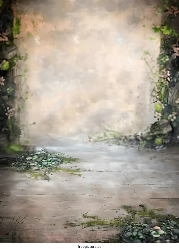 Stone Pathway with Green Vines and Flowers Digital Background