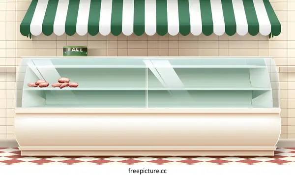 Empty Glass Display Case With Green Striped Awning In Bakery