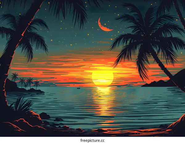 Tropical Sunset with Palm Trees and Ocean