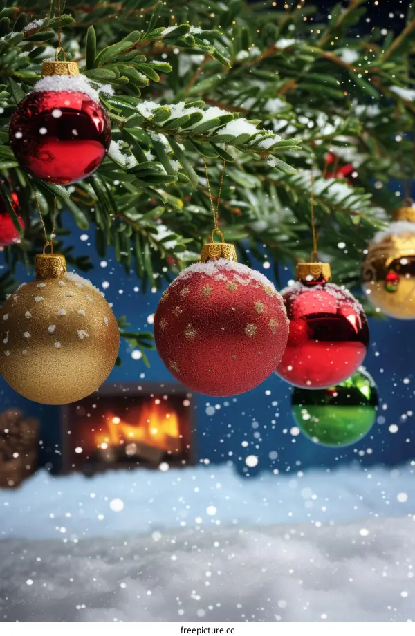 Christmas Ornaments Decorated with Snow and Falling Snowflakes