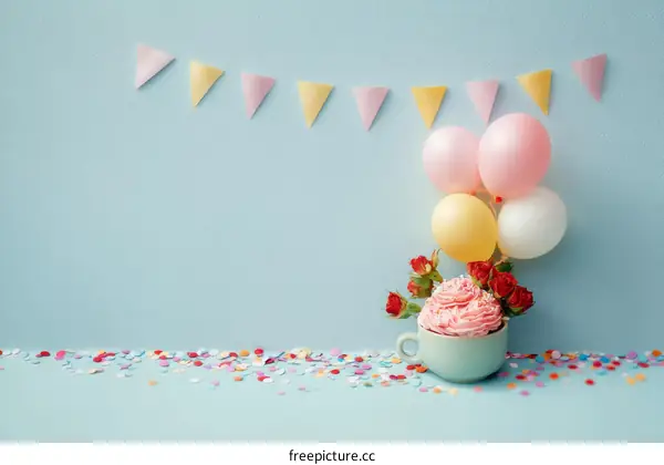 Birthday Party Cupcake Decorated with Balloons and Confetti