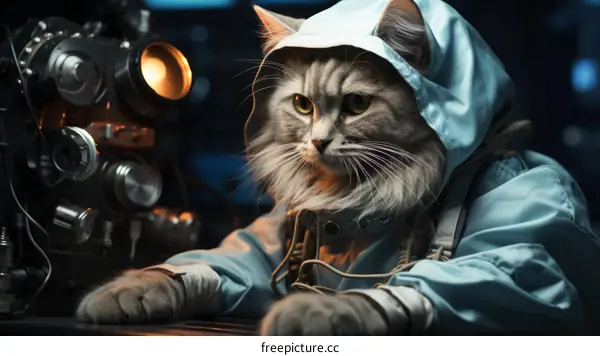 A gray cat wearing a blue spacesuit is sitting in front of a control panel.