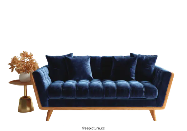 [Transparent Background PNG]Modern Mid-Century Blue Velvet Sofa with Accessories
