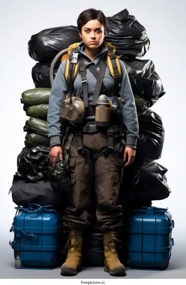 A woman wearing a backpack full of supplies